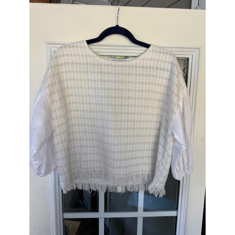 Fate Anthropologie small Women Cream Tweed Balloon Sleeve Fringe Boho Blouse Top